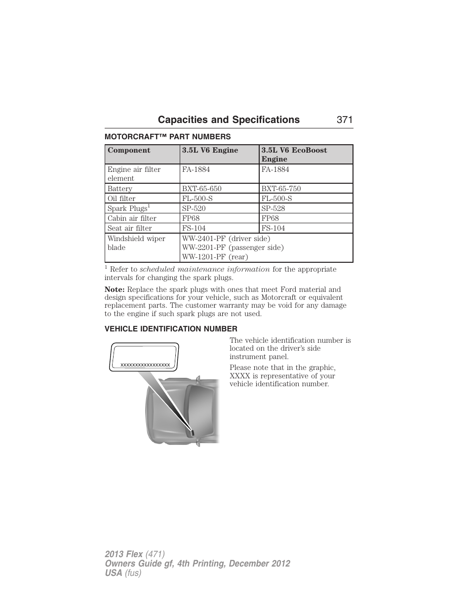 Motorcraft™ part numbers, Vehicle identification number, Part numbers | Capacities and specifications 371 | FORD 2013 Flex v.4 User Manual | Page 372 / 555
