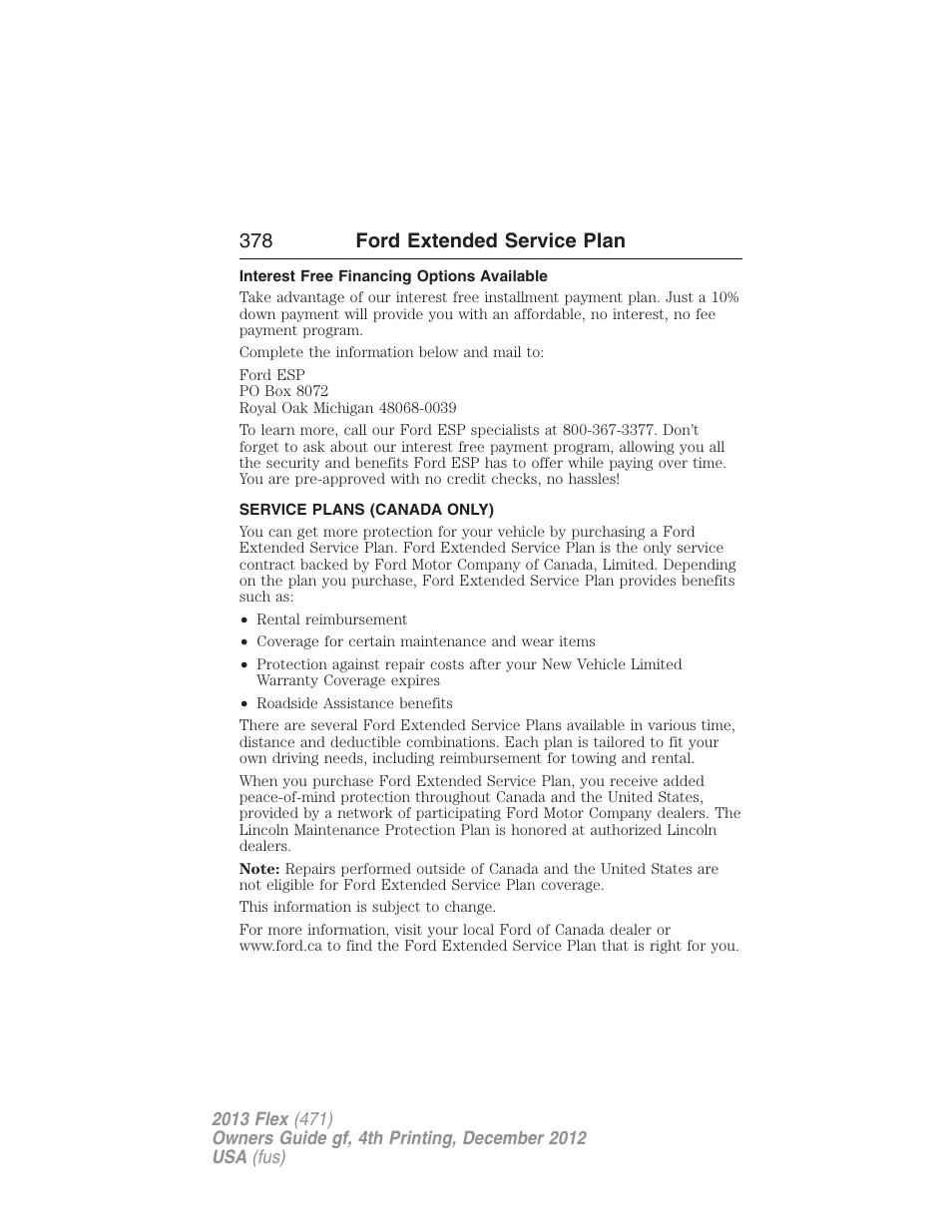 Interest free financing options available, Service plans (canada only), 378 ford extended service plan | FORD 2013 Flex v.4 User Manual | Page 379 / 555