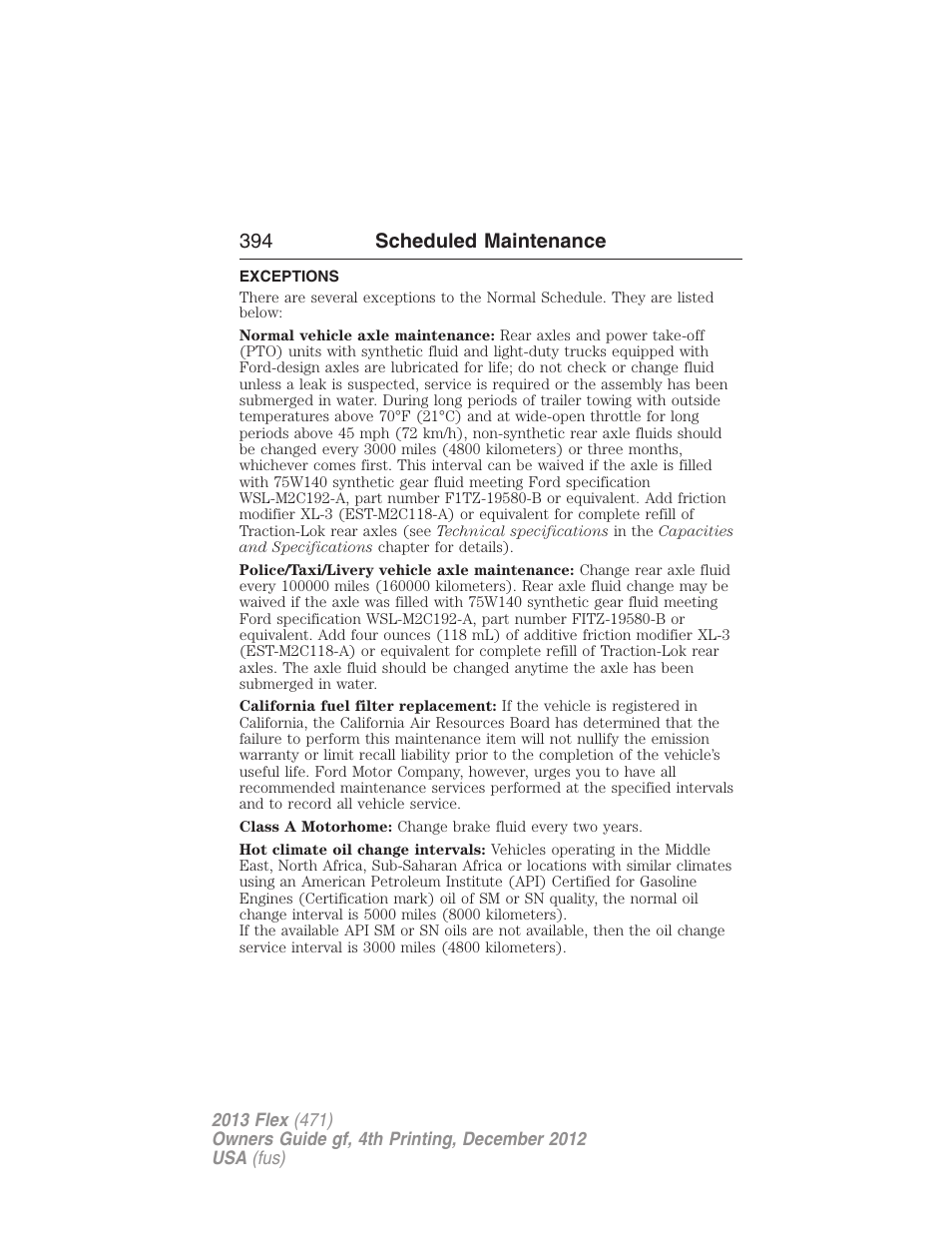 Exceptions, 394 scheduled maintenance | FORD 2013 Flex v.4 User Manual | Page 395 / 555