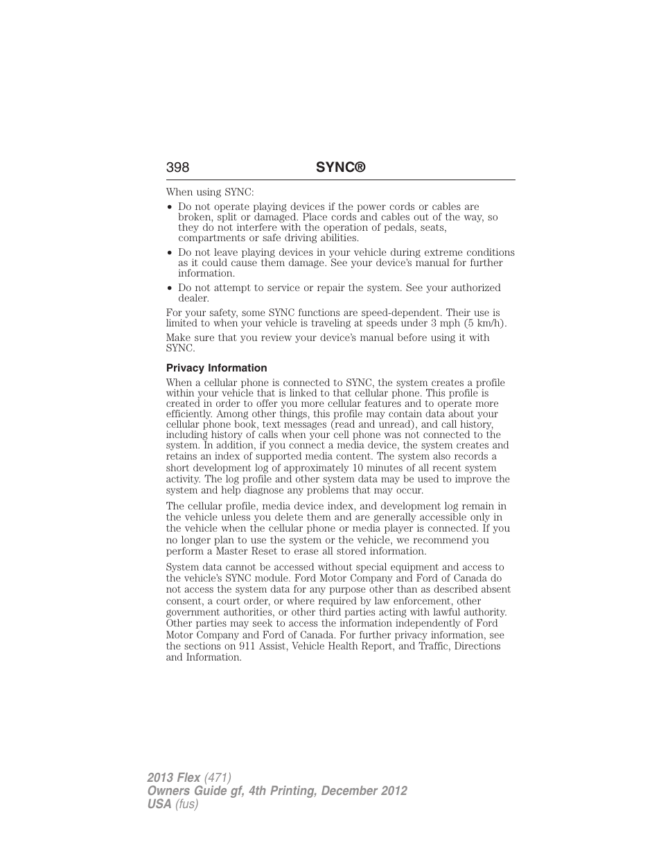 Privacy information, 398 sync | FORD 2013 Flex v.4 User Manual | Page 399 / 555