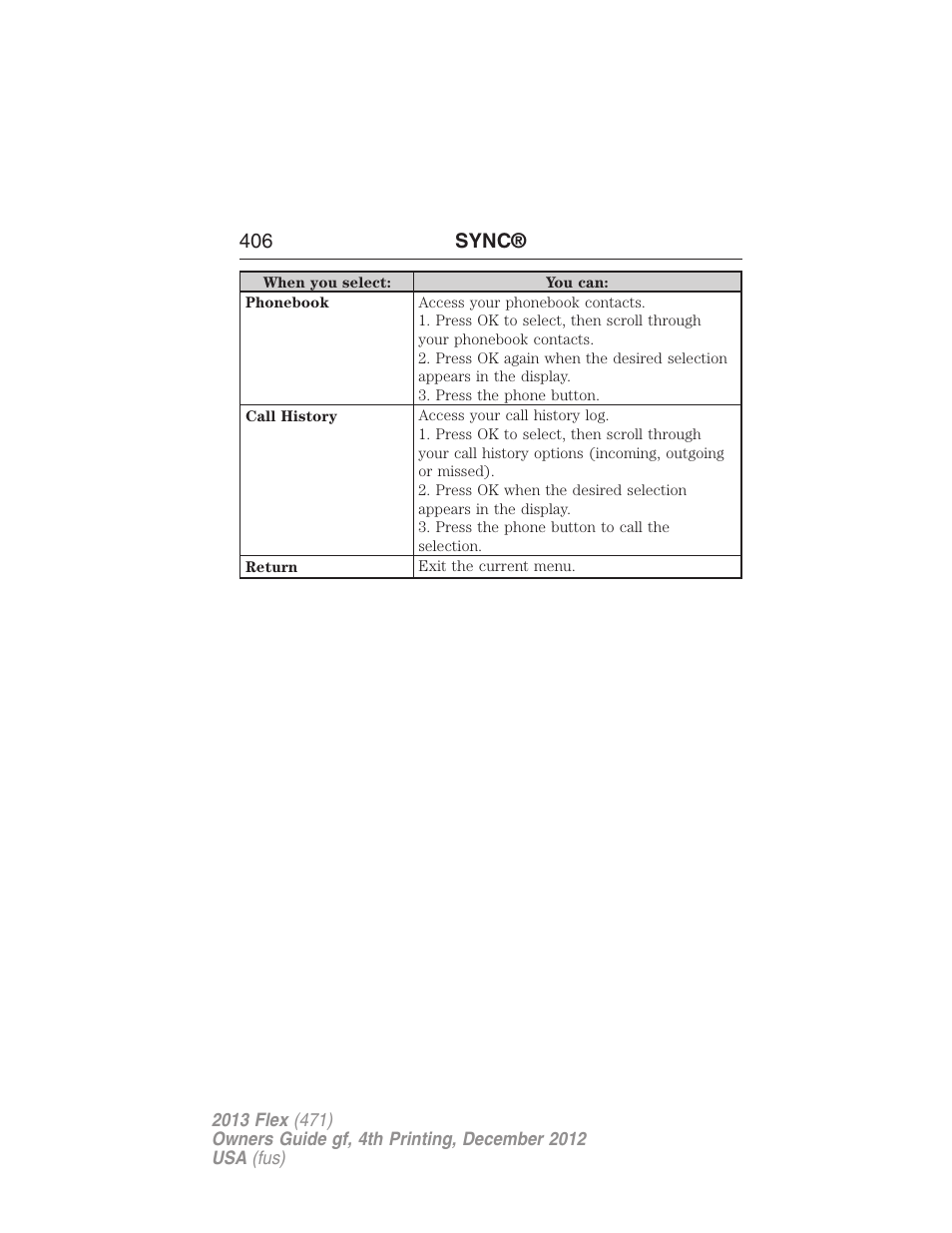 406 sync | FORD 2013 Flex v.4 User Manual | Page 407 / 555