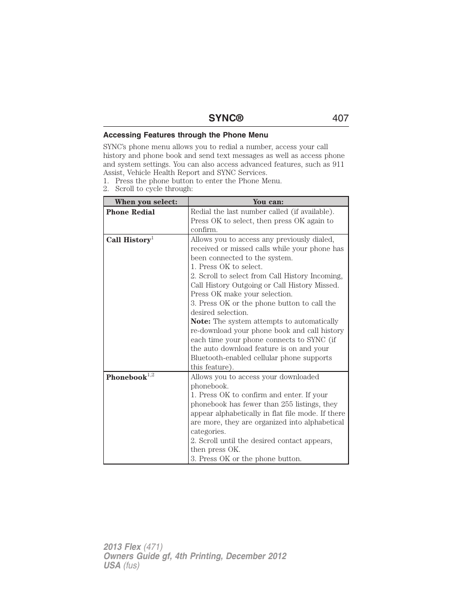 Accessing features through the phone menu, Sync® 407 | FORD 2013 Flex v.4 User Manual | Page 408 / 555