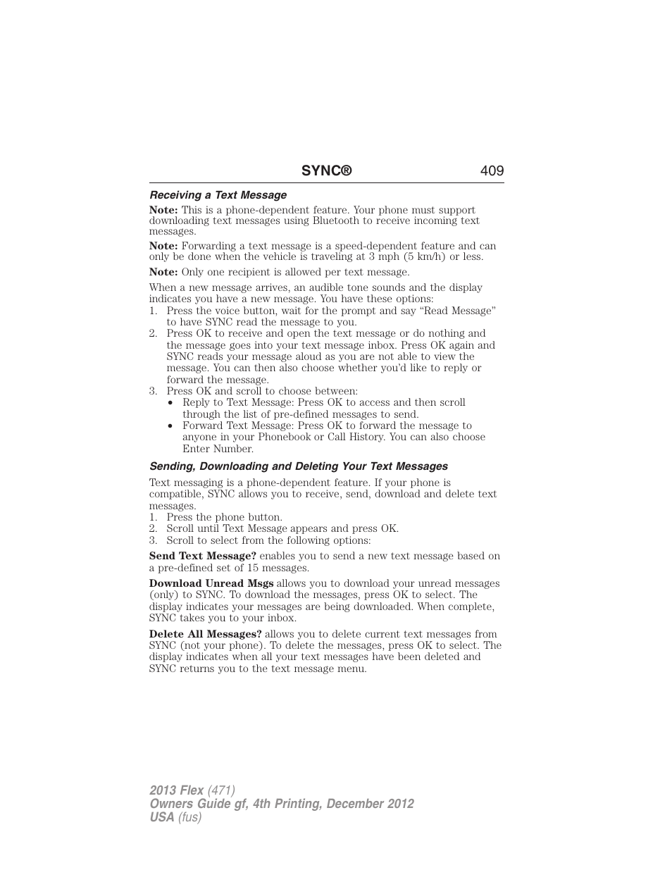 Receiving a text message, Sync® 409 | FORD 2013 Flex v.4 User Manual | Page 410 / 555