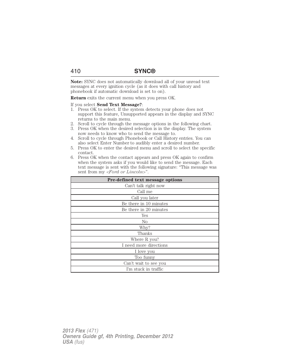410 sync | FORD 2013 Flex v.4 User Manual | Page 411 / 555