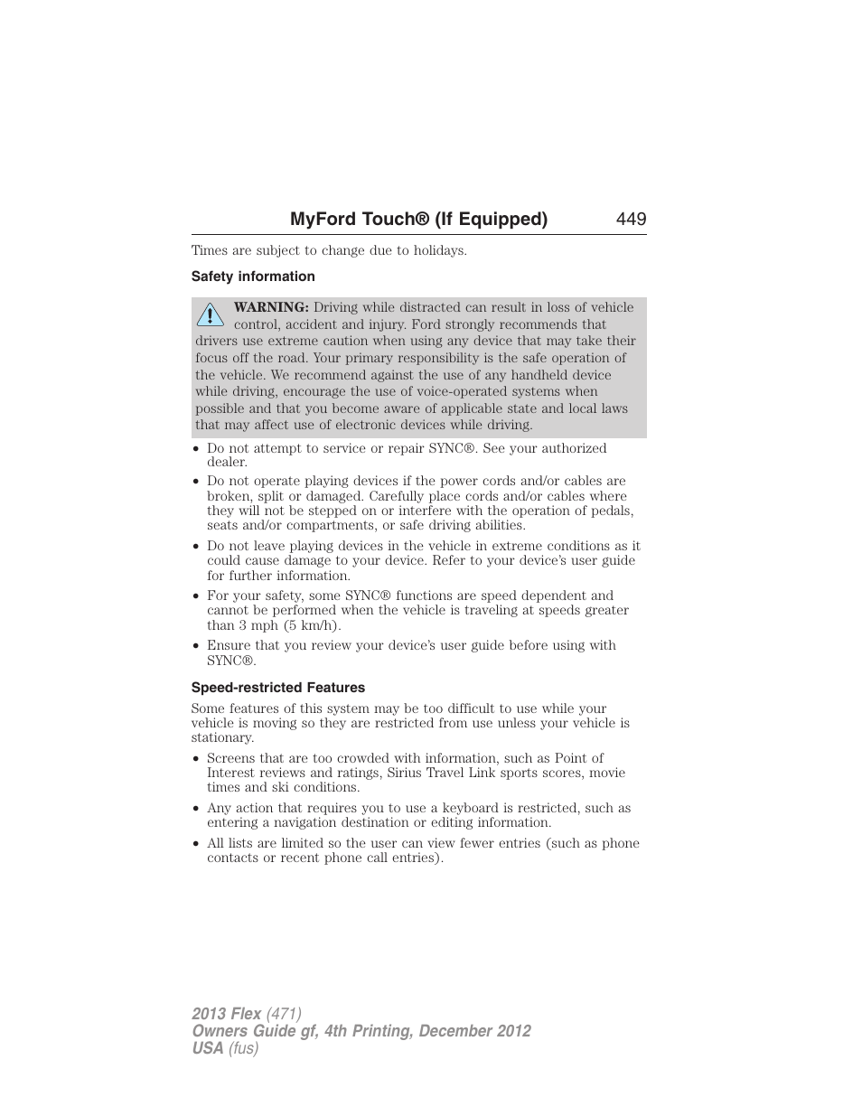 Safety information, Speed-restricted features, Myford touch® (if equipped) 449 | FORD 2013 Flex v.4 User Manual | Page 450 / 555
