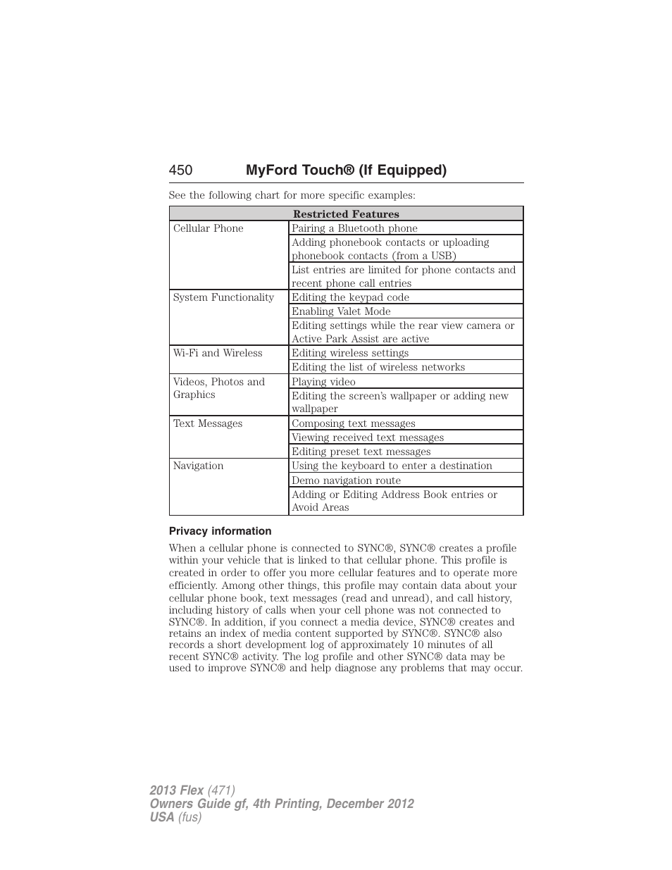 Privacy information, 450 myford touch® (if equipped) | FORD 2013 Flex v.4 User Manual | Page 451 / 555