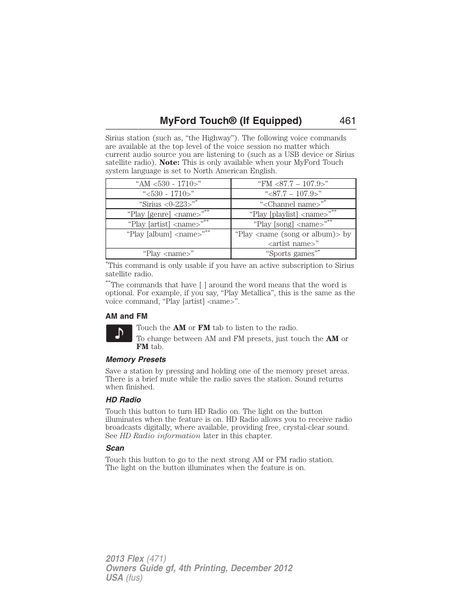 Am and fm, Memory presets, Hd radio | Scan, Myford touch® (if equipped) 461 | FORD 2013 Flex v.4 User Manual | Page 462 / 555