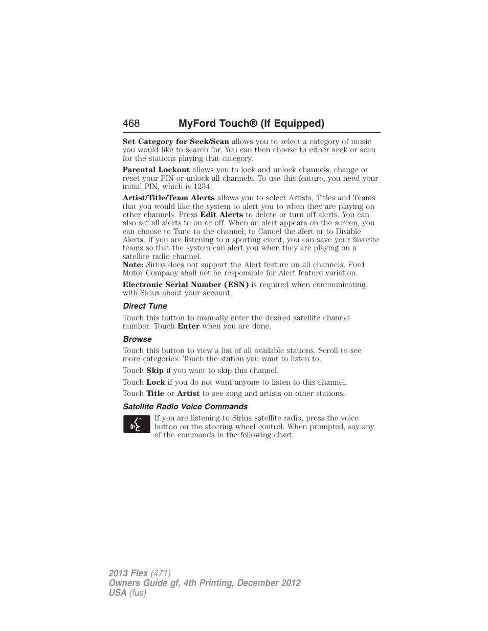 Direct tune, Browse, Satellite radio voice commands | 468 myford touch® (if equipped) | FORD 2013 Flex v.4 User Manual | Page 469 / 555