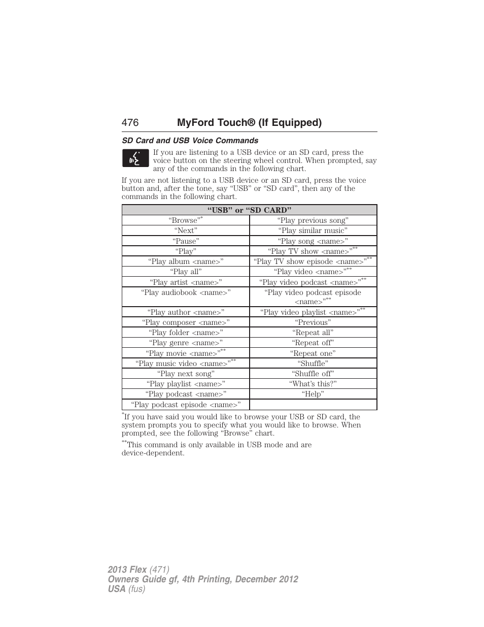 Sd card and usb voice commands, 476 myford touch® (if equipped) | FORD 2013 Flex v.4 User Manual | Page 477 / 555