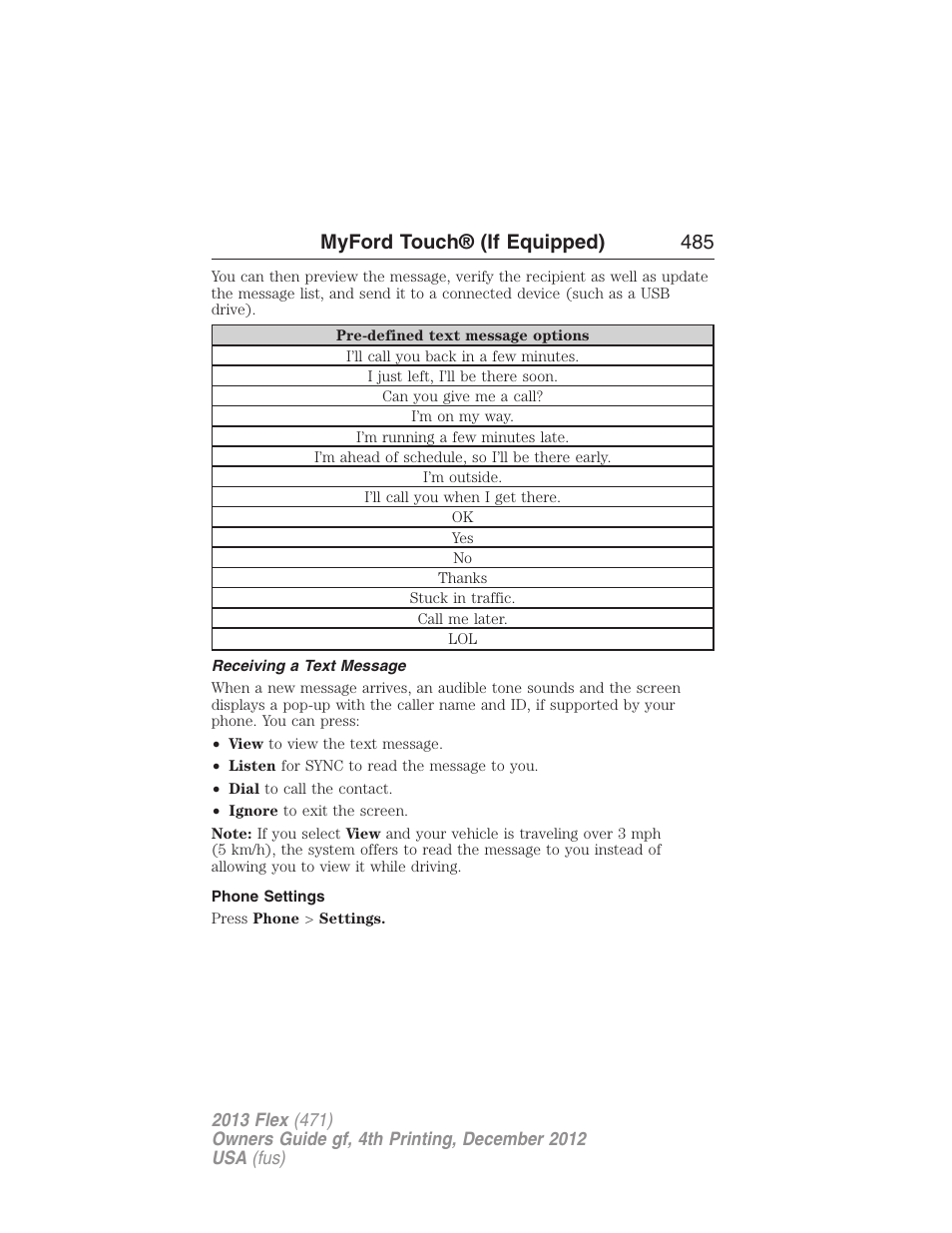 Receiving a text message, Phone settings, Myford touch® (if equipped) 485 | FORD 2013 Flex v.4 User Manual | Page 486 / 555