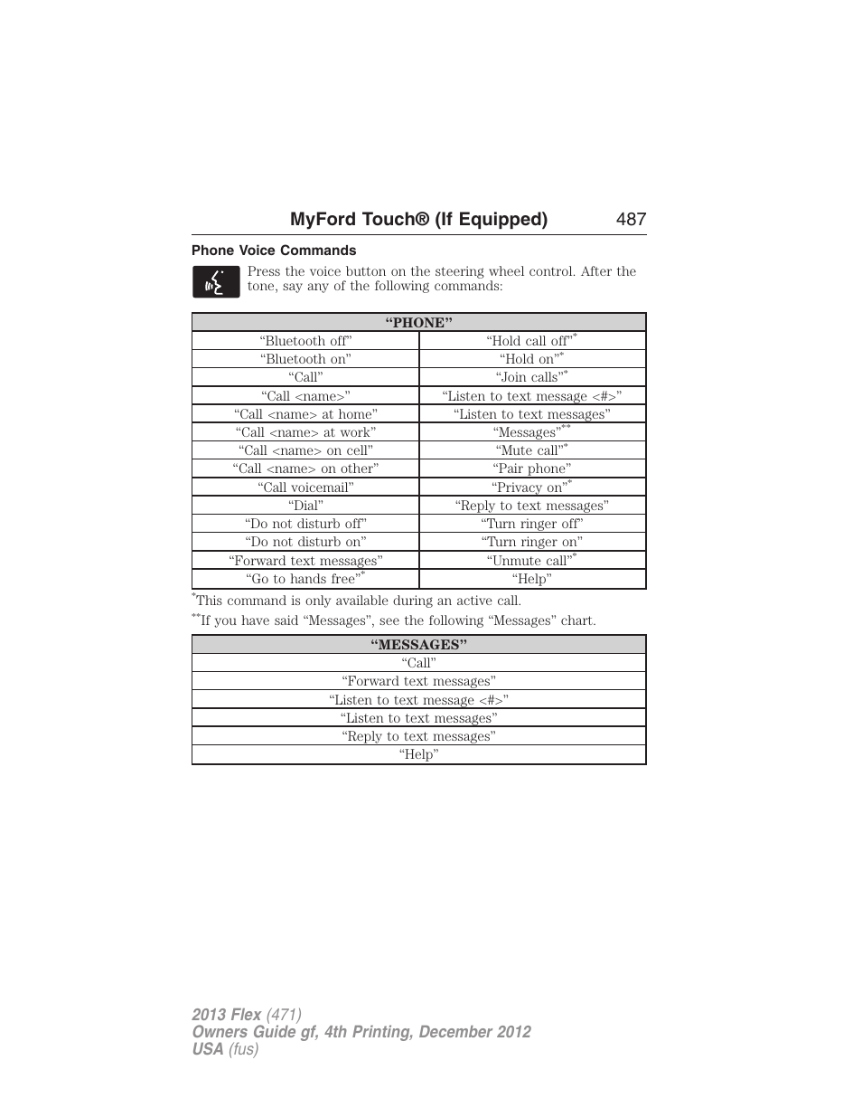 Phone voice commands, Myford touch® (if equipped) 487 | FORD 2013 Flex v.4 User Manual | Page 488 / 555