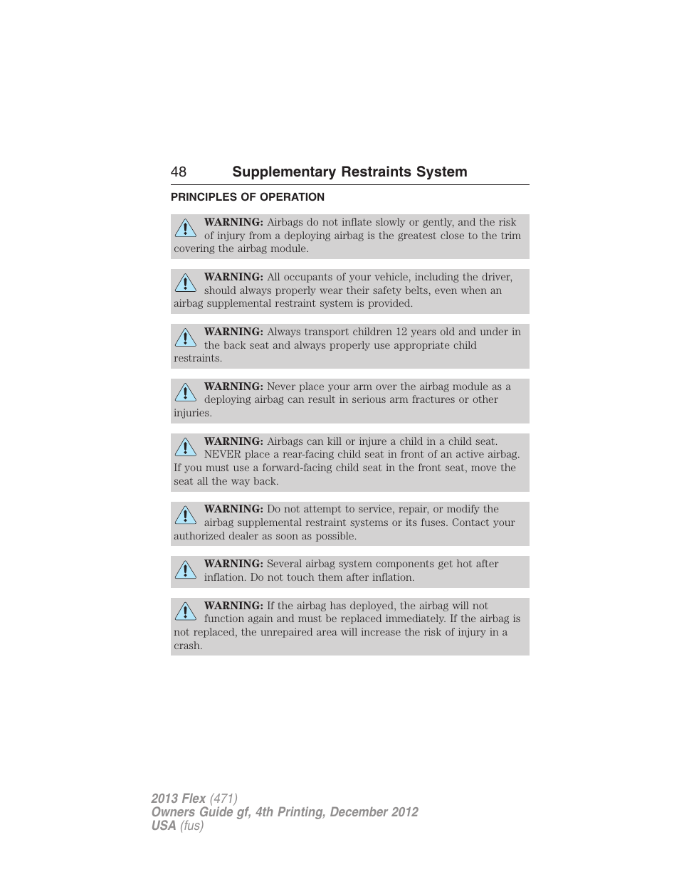 Supplementary restraints system, Principles of operation, 48 supplementary restraints system | FORD 2013 Flex v.4 User Manual | Page 49 / 555