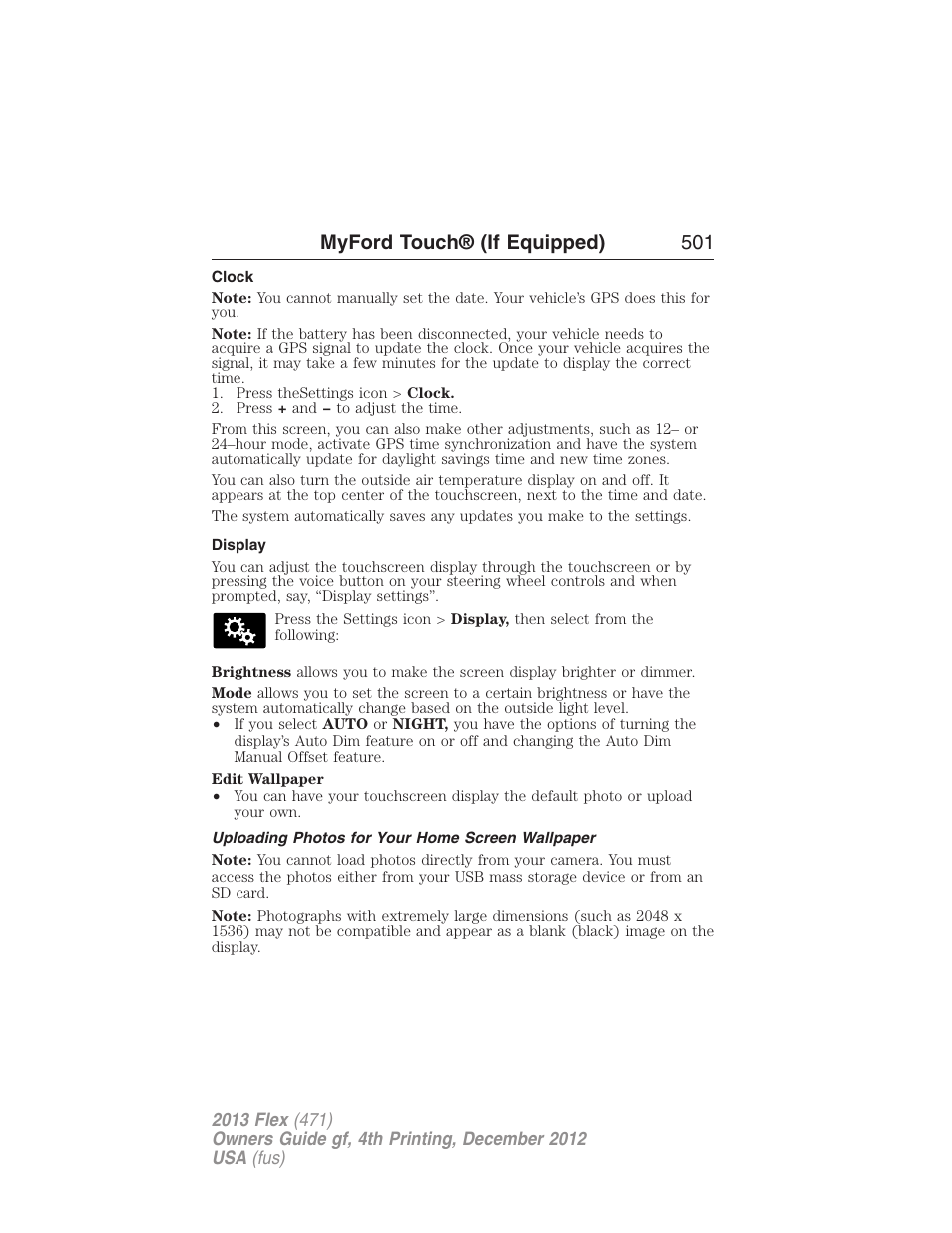 Clock, Display, Uploading photos for your home screen wallpaper | Myford touch® (if equipped) 501 | FORD 2013 Flex v.4 User Manual | Page 502 / 555