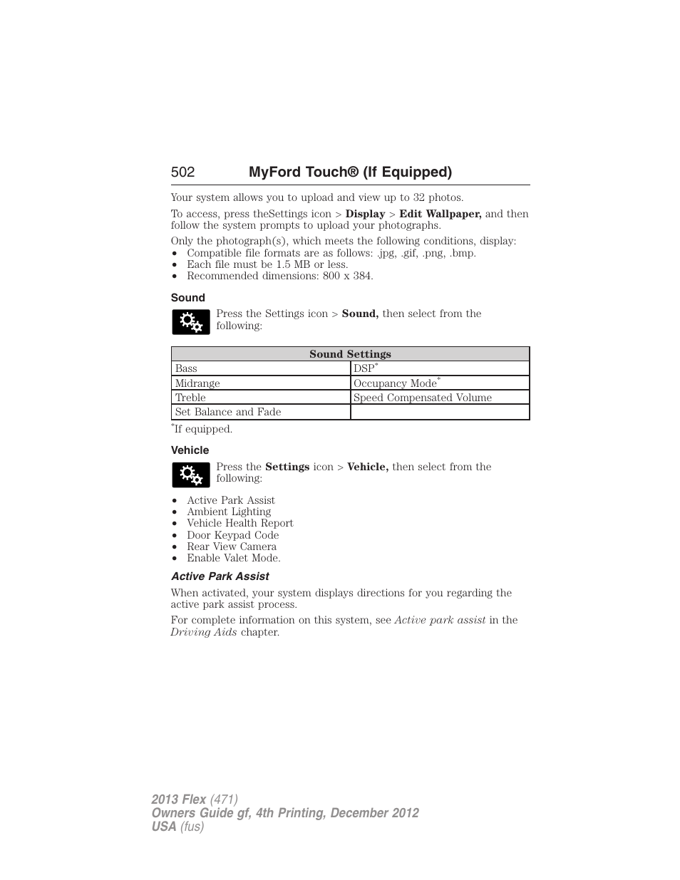 Sound, Vehicle, Active park assist | 502 myford touch® (if equipped) | FORD 2013 Flex v.4 User Manual | Page 503 / 555