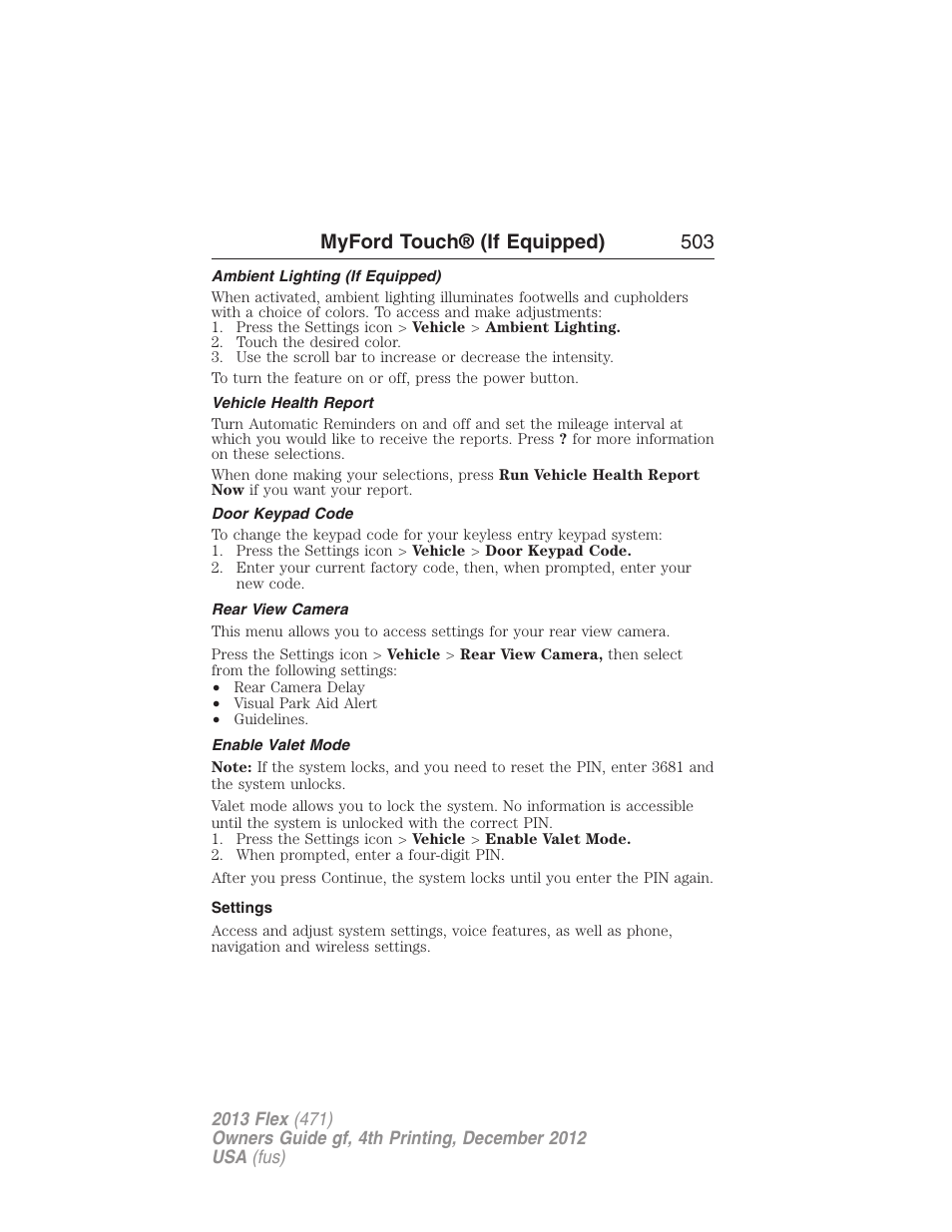 Ambient lighting (if equipped), Vehicle health report, Door keypad code | Rear view camera, Enable valet mode, Settings, Myford touch® (if equipped) 503 | FORD 2013 Flex v.4 User Manual | Page 504 / 555