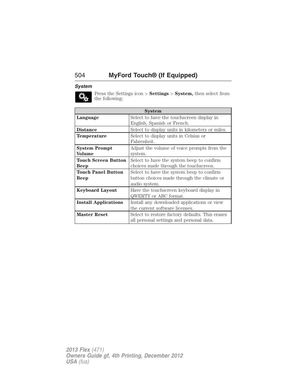 System, 504 myford touch® (if equipped) | FORD 2013 Flex v.4 User Manual | Page 505 / 555