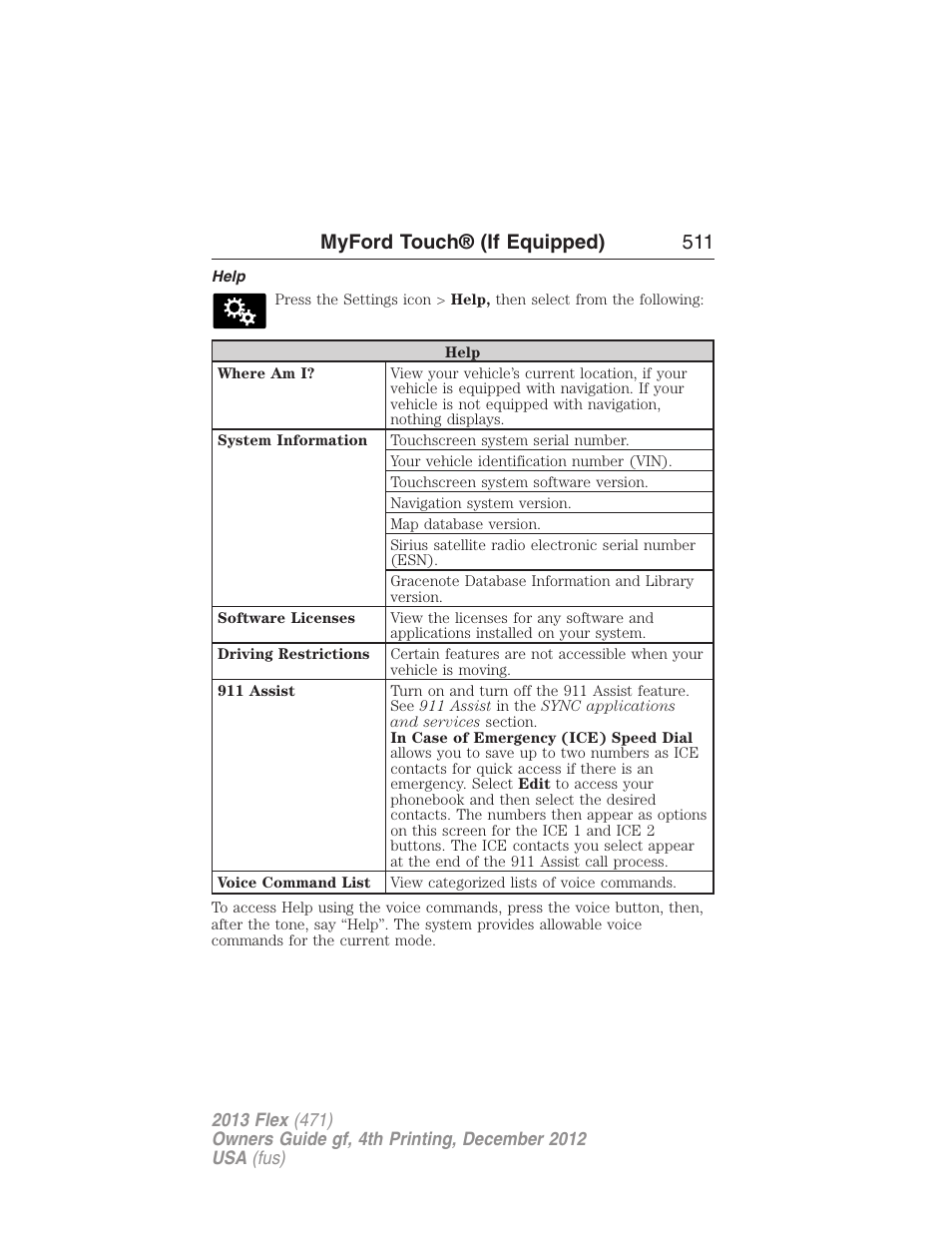 Help, Myford touch® (if equipped) 511 | FORD 2013 Flex v.4 User Manual | Page 512 / 555