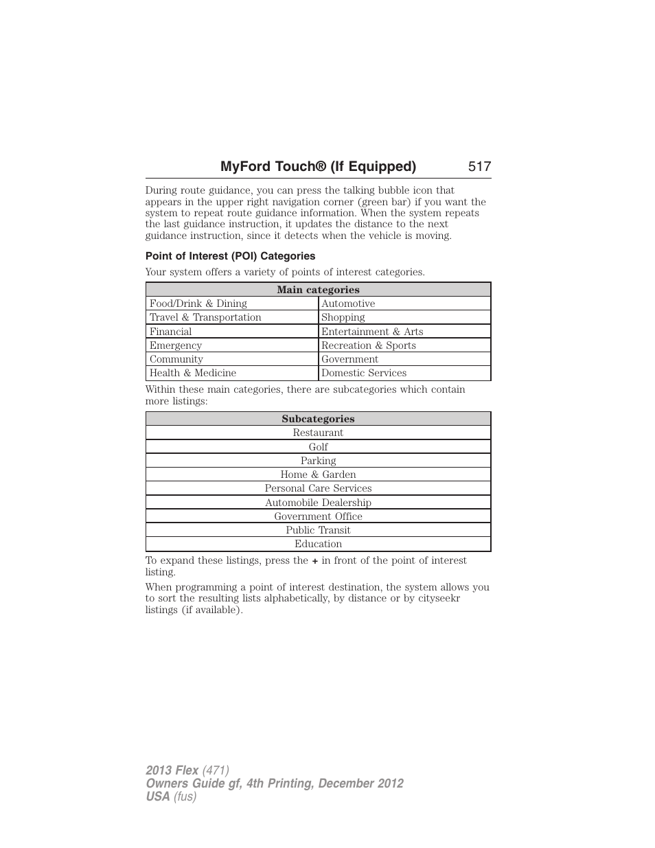 Point of interest (poi) categories, Myford touch® (if equipped) 517 | FORD 2013 Flex v.4 User Manual | Page 518 / 555