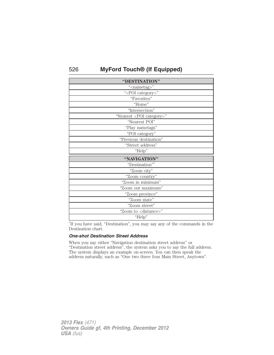 One-shot destination street address, 526 myford touch® (if equipped) | FORD 2013 Flex v.4 User Manual | Page 527 / 555