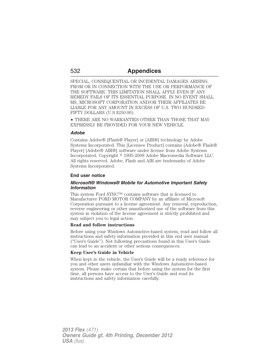 Adobe, End user notice, 532 appendices | FORD 2013 Flex v.4 User Manual | Page 533 / 555