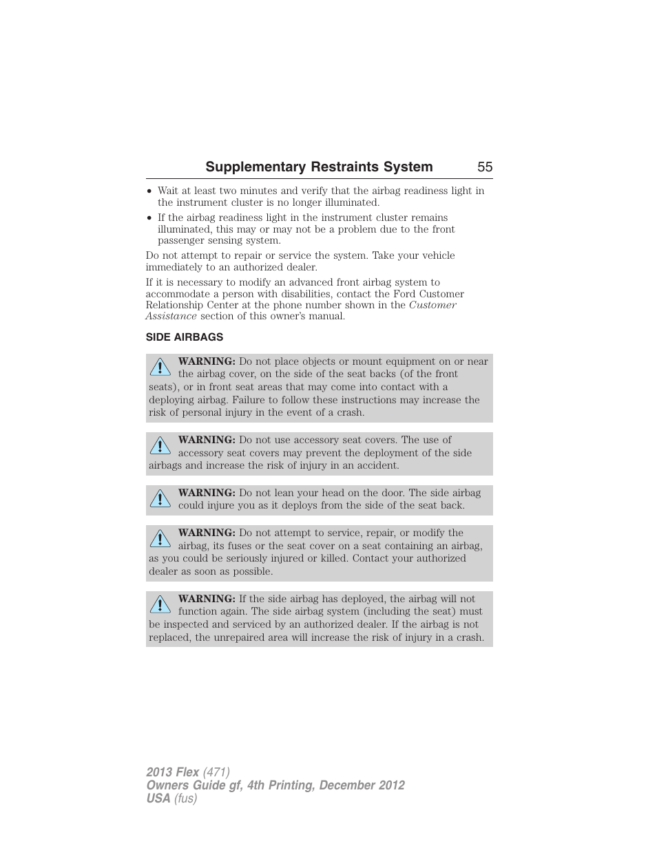 Side airbags, Supplementary restraints system 55 | FORD 2013 Flex v.4 User Manual | Page 56 / 555