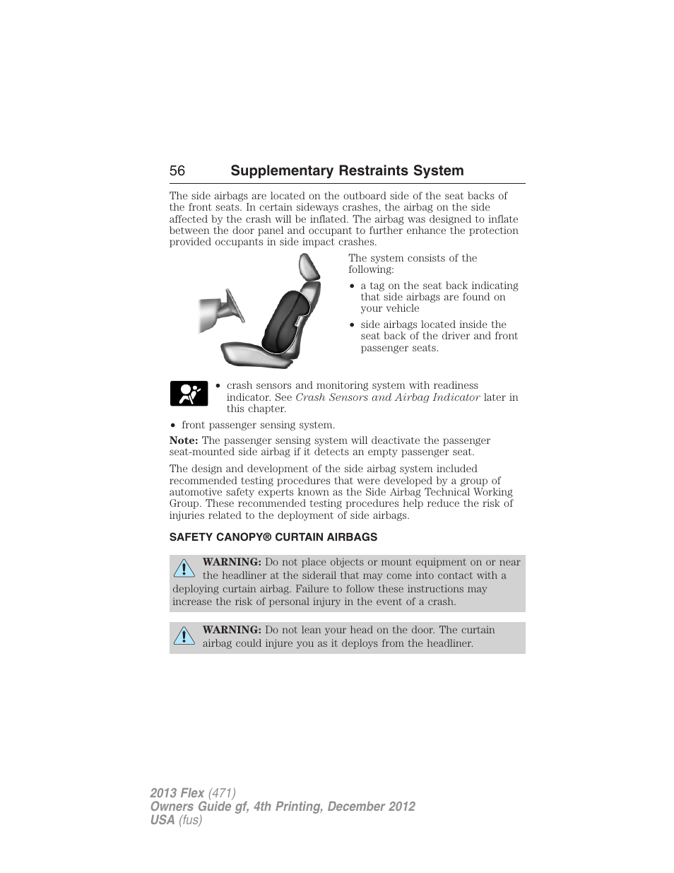 Safety canopy® curtain airbags, Safety canopy curtain airbags, 56 supplementary restraints system | FORD 2013 Flex v.4 User Manual | Page 57 / 555