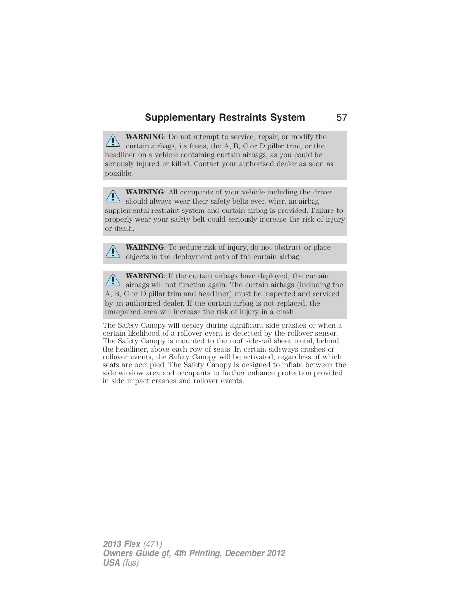 Supplementary restraints system 57 | FORD 2013 Flex v.4 User Manual | Page 58 / 555