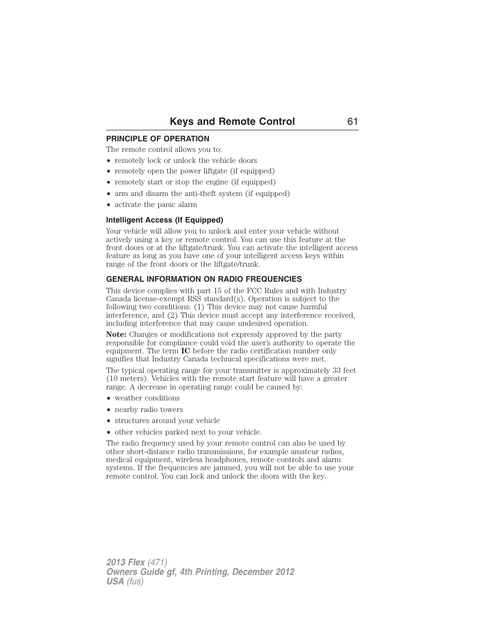 Keys and remote control, Principle of operation, Intelligent access (if equipped) | General information on radio frequencies, Keys and remote control 61 | FORD 2013 Flex v.4 User Manual | Page 62 / 555