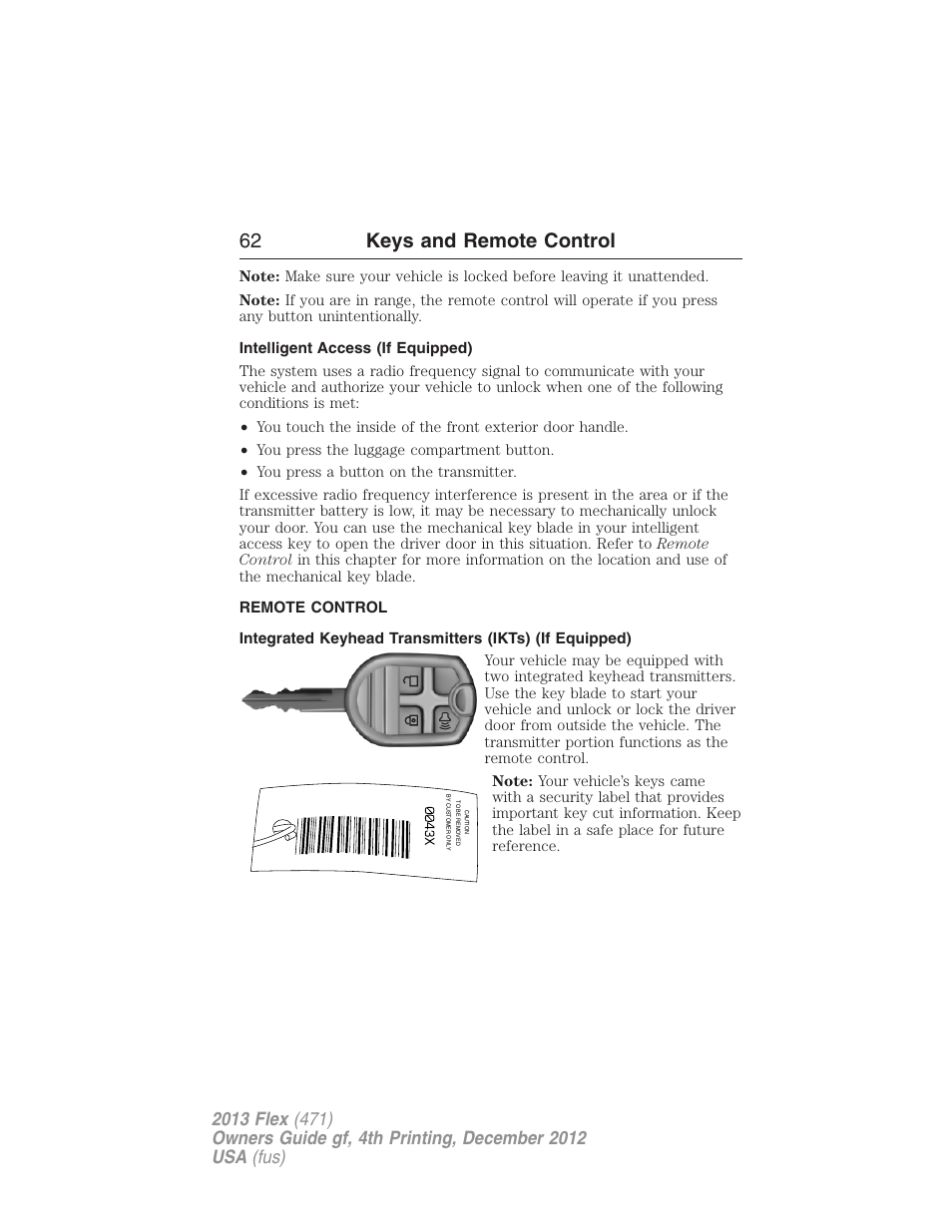 Intelligent access (if equipped), Remote control, Keys | 62 keys and remote control | FORD 2013 Flex v.4 User Manual | Page 63 / 555