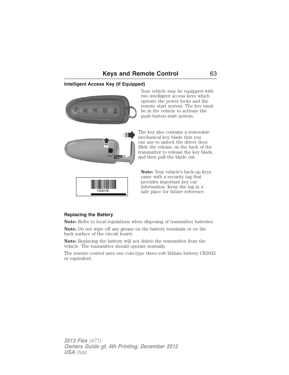 Intelligent access key (if equipped), Replacing the battery, Keys and remote control 63 | FORD 2013 Flex v.4 User Manual | Page 64 / 555