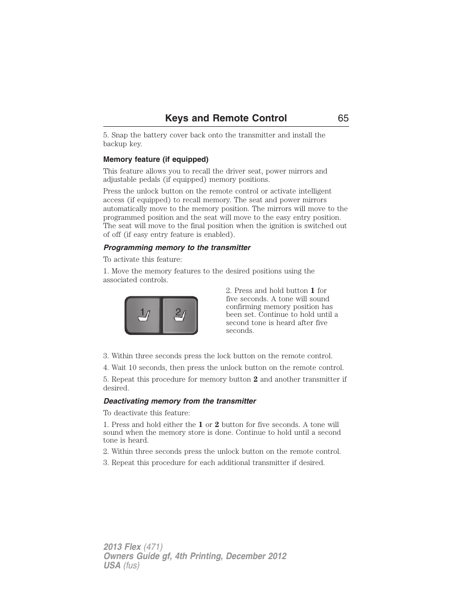 Memory feature (if equipped), Programming memory to the transmitter, Deactivating memory from the transmitter | 21 keys and remote control 65 | FORD 2013 Flex v.4 User Manual | Page 66 / 555