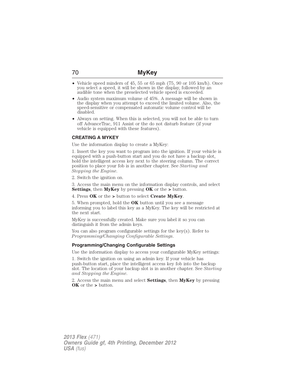 Creating a mykey, Programming/changing configurable settings, Creating | 70 mykey | FORD 2013 Flex v.4 User Manual | Page 71 / 555