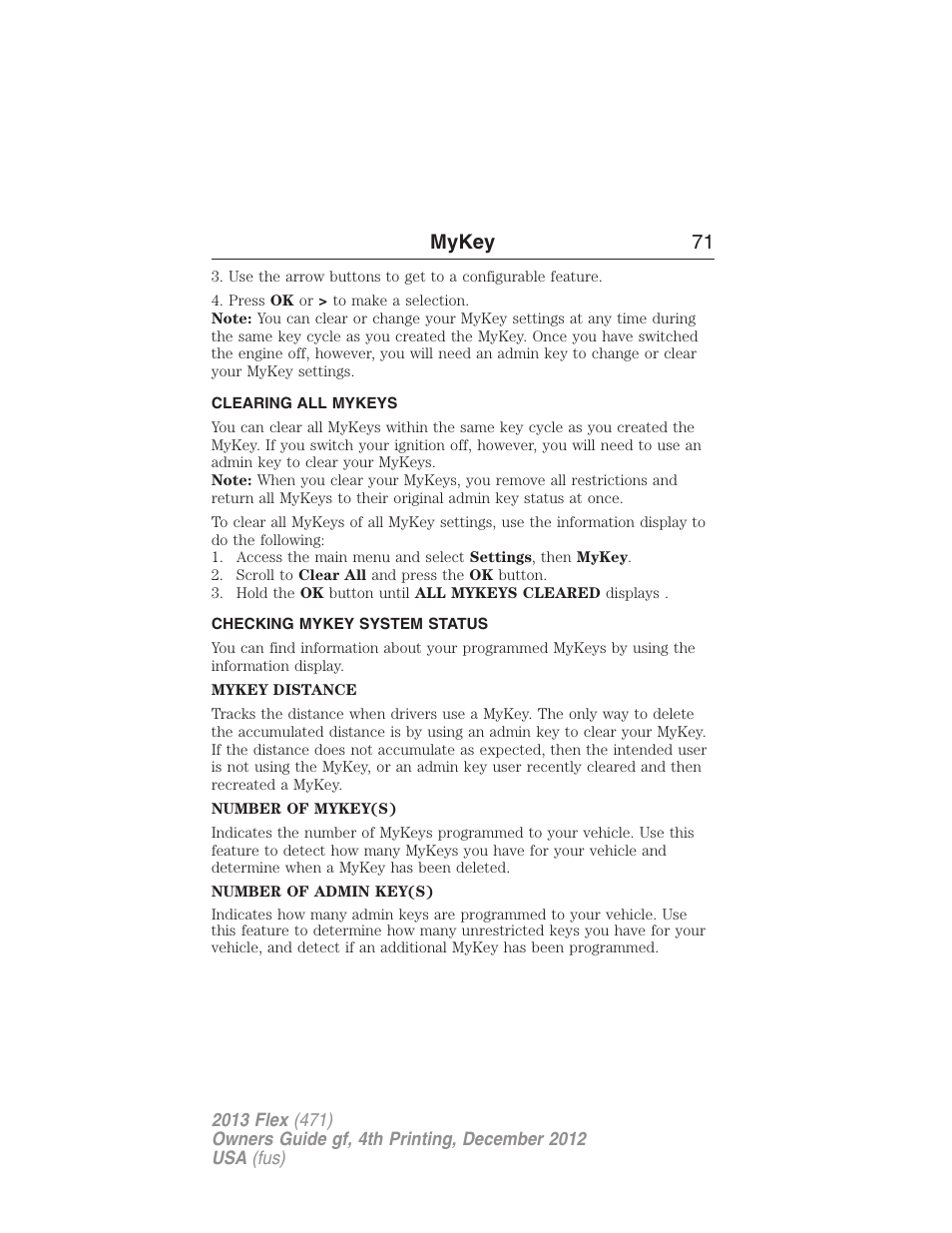 Clearing all mykeys, Checking mykey system status, Clearing | System status, Mykey 71 | FORD 2013 Flex v.4 User Manual | Page 72 / 555