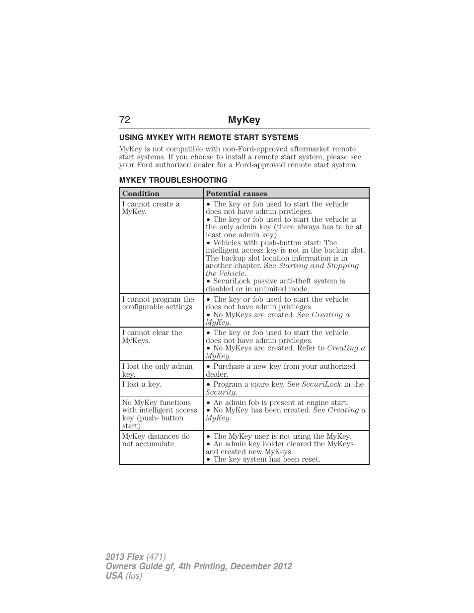 Using mykey with remote start systems, Mykey troubleshooting, Remote start, mykey | Troubleshooting, mykey, 72 mykey | FORD 2013 Flex v.4 User Manual | Page 73 / 555