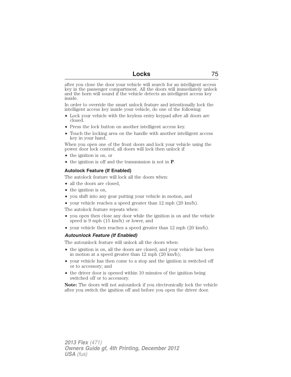 Autolock feature (if enabled), Autounlock feature (if enabled), Locks 75 | FORD 2013 Flex v.4 User Manual | Page 76 / 555