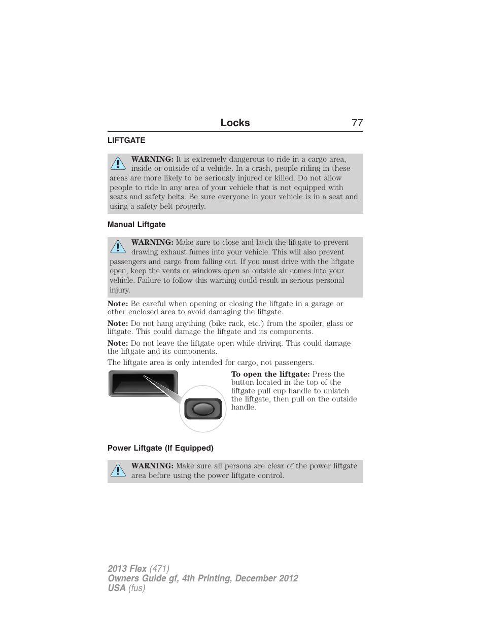 Liftgate, Manual liftgate, Power liftgate (if equipped) | Locks 77 | FORD 2013 Flex v.4 User Manual | Page 78 / 555