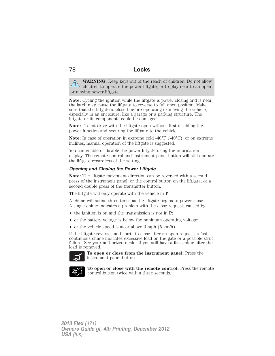 Opening and closing the power liftgate, 78 locks | FORD 2013 Flex v.4 User Manual | Page 79 / 555