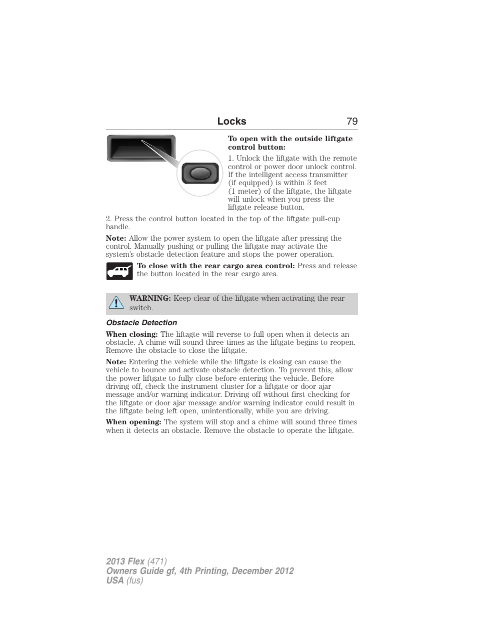 Obstacle detection, Locks 79 | FORD 2013 Flex v.4 User Manual | Page 80 / 555