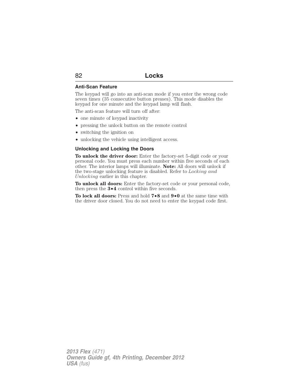 Anti-scan feature, Unlocking and locking the doors, 82 locks | FORD 2013 Flex v.4 User Manual | Page 83 / 555