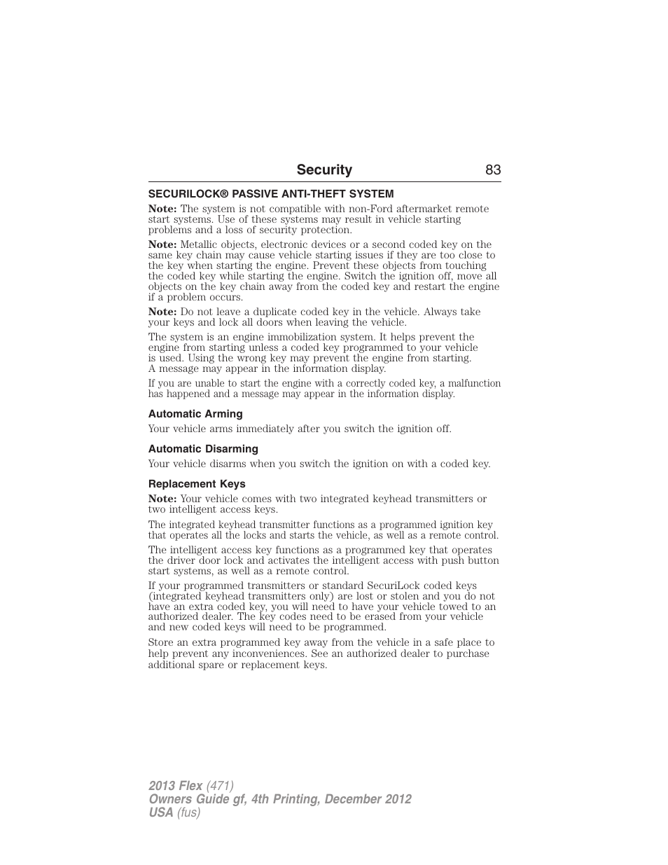 Security, Securilock® passive anti-theft system, Automatic arming | Automatic disarming, Replacement keys, Security 83 | FORD 2013 Flex v.4 User Manual | Page 84 / 555