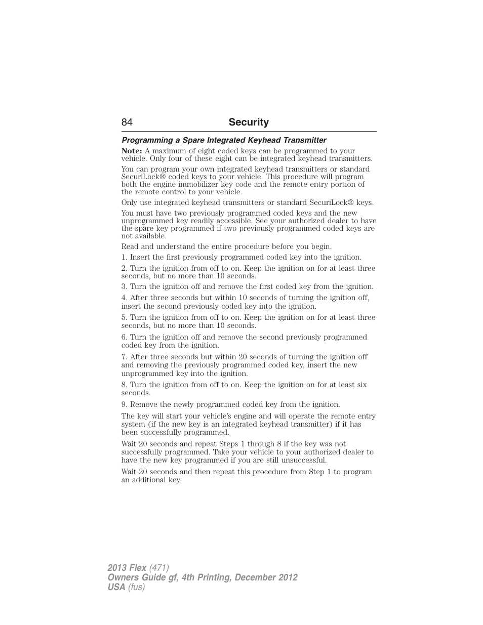 Programming a spare integrated keyhead transmitter, 84 security | FORD 2013 Flex v.4 User Manual | Page 85 / 555