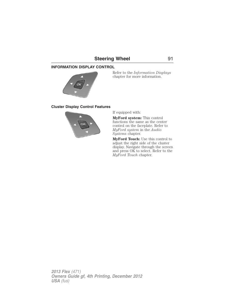 Information display control, Cluster display control features, Steering wheel 91 | FORD 2013 Flex v.4 User Manual | Page 92 / 555