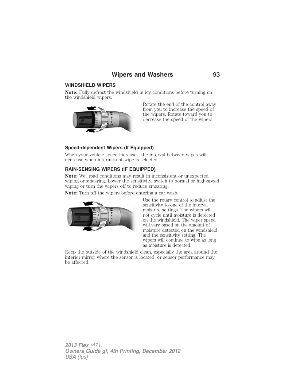 Wipers and washers, Windshield wipers, Speed-dependent wipers (if equipped) | Rain-sensing wipers (if equipped), Rain-sensing wipers, Wipers and washers 93 | FORD 2013 Flex v.4 User Manual | Page 94 / 555
