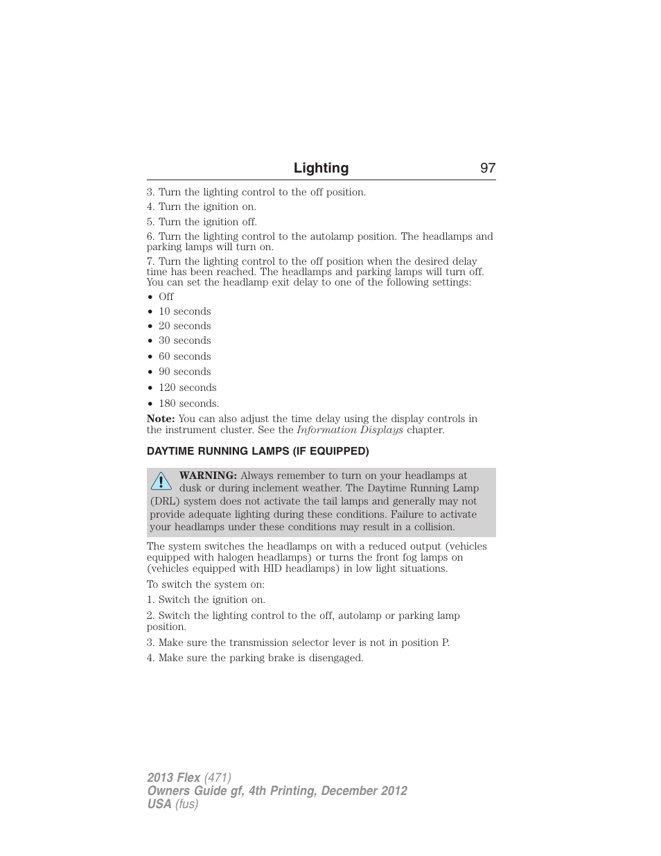 Daytime running lamps (if equipped), Daytime running lamps, Lighting 97 | FORD 2013 Flex v.4 User Manual | Page 98 / 555