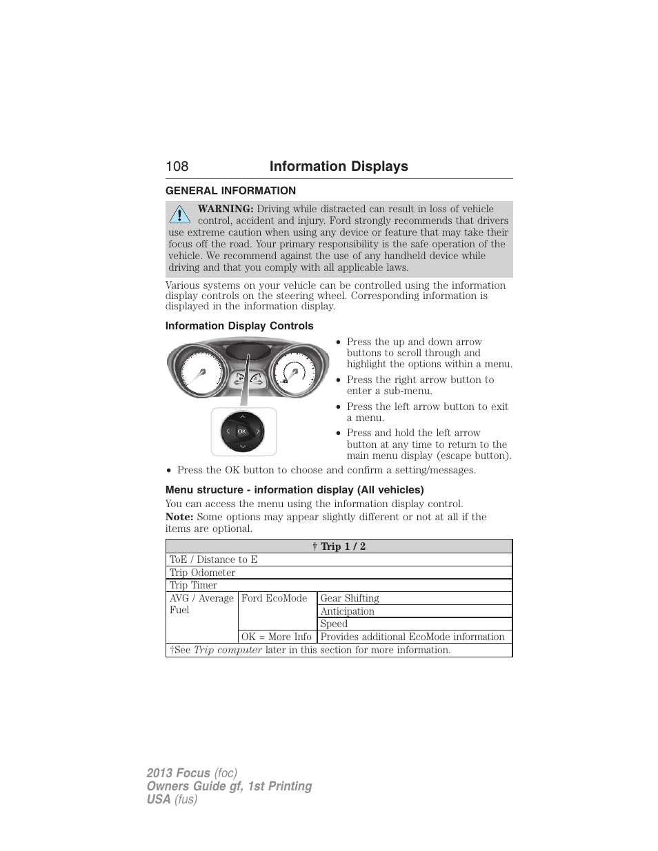 Information displays, General information, Information display controls | Controls, 108 information displays | FORD 2013 Focus v.1 User Manual | Page 108 / 475