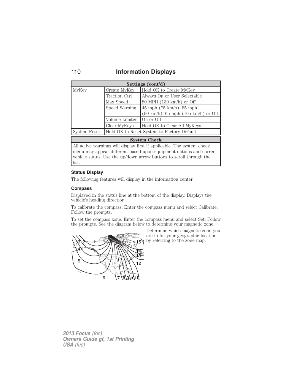 Status display, Compass, Trip computer | 110 information displays | FORD 2013 Focus v.1 User Manual | Page 110 / 475