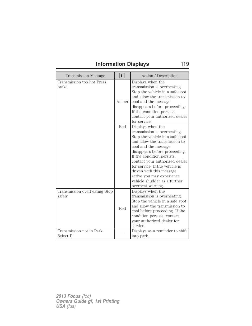 Information displays 119 | FORD 2013 Focus v.1 User Manual | Page 119 / 475