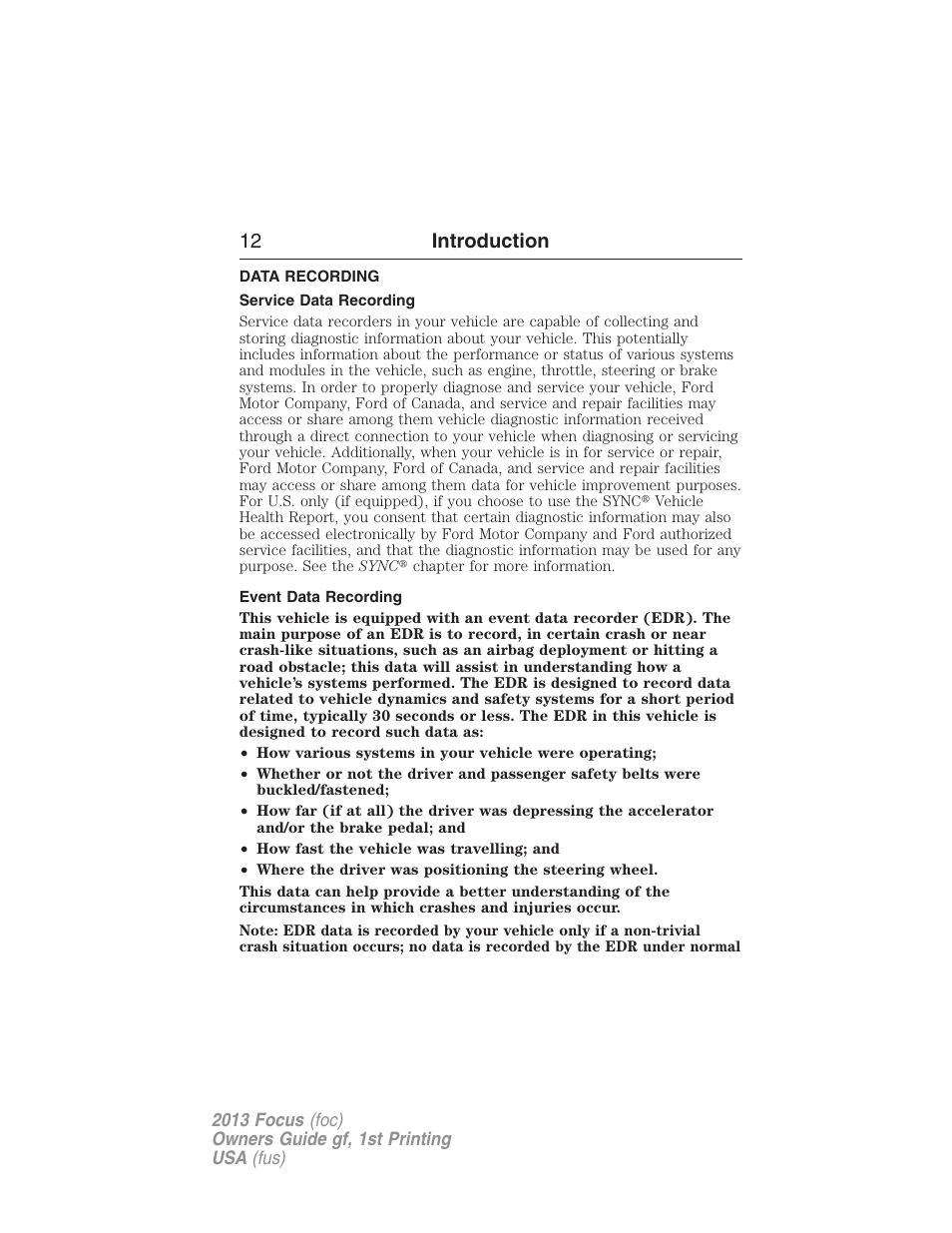 Data recording, Service data recording, Event data recording | 12 introduction | FORD 2013 Focus v.1 User Manual | Page 12 / 475