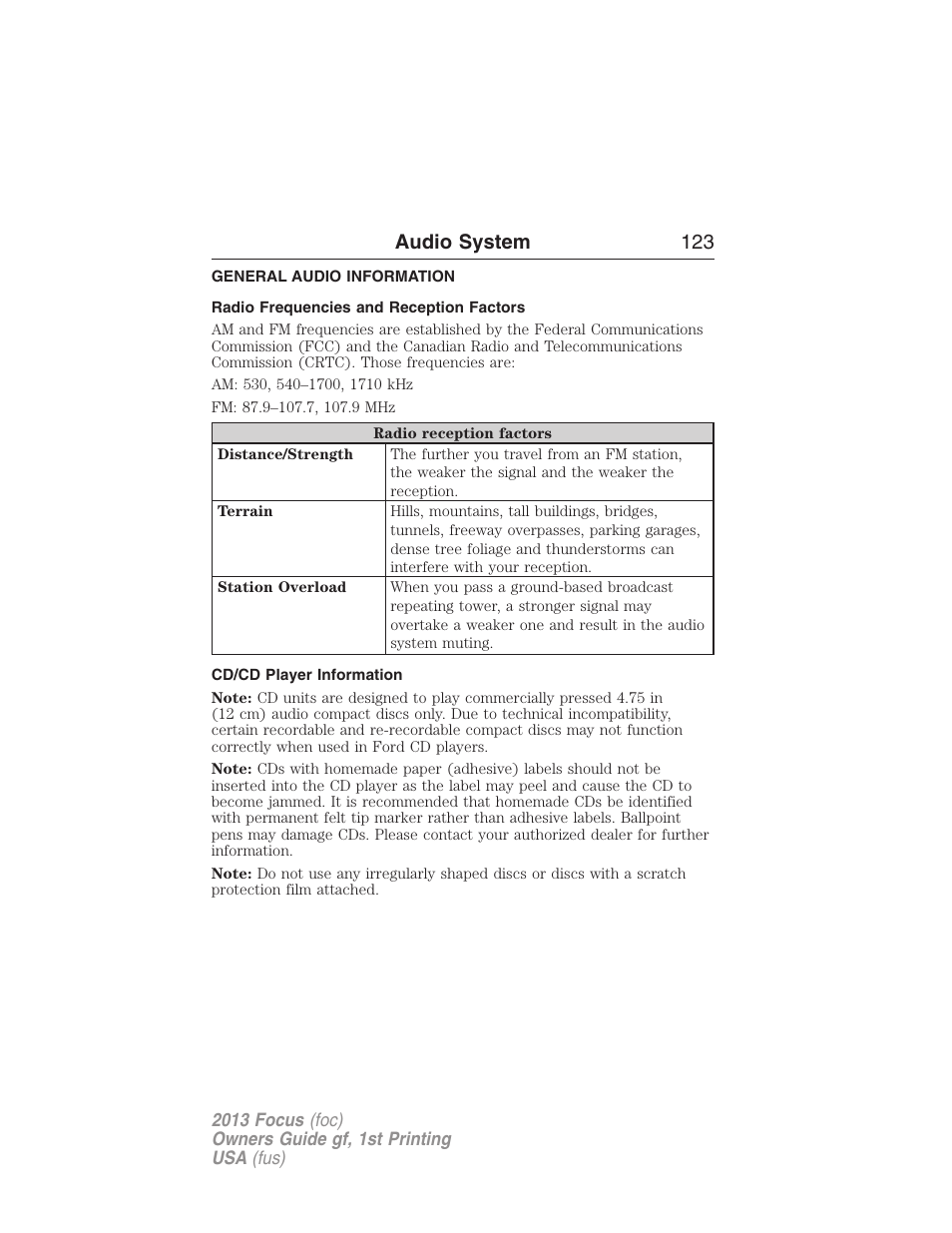 Audio system, General audio information, Radio frequencies and reception factors | Cd/cd player information, Audio system 123 | FORD 2013 Focus v.1 User Manual | Page 123 / 475