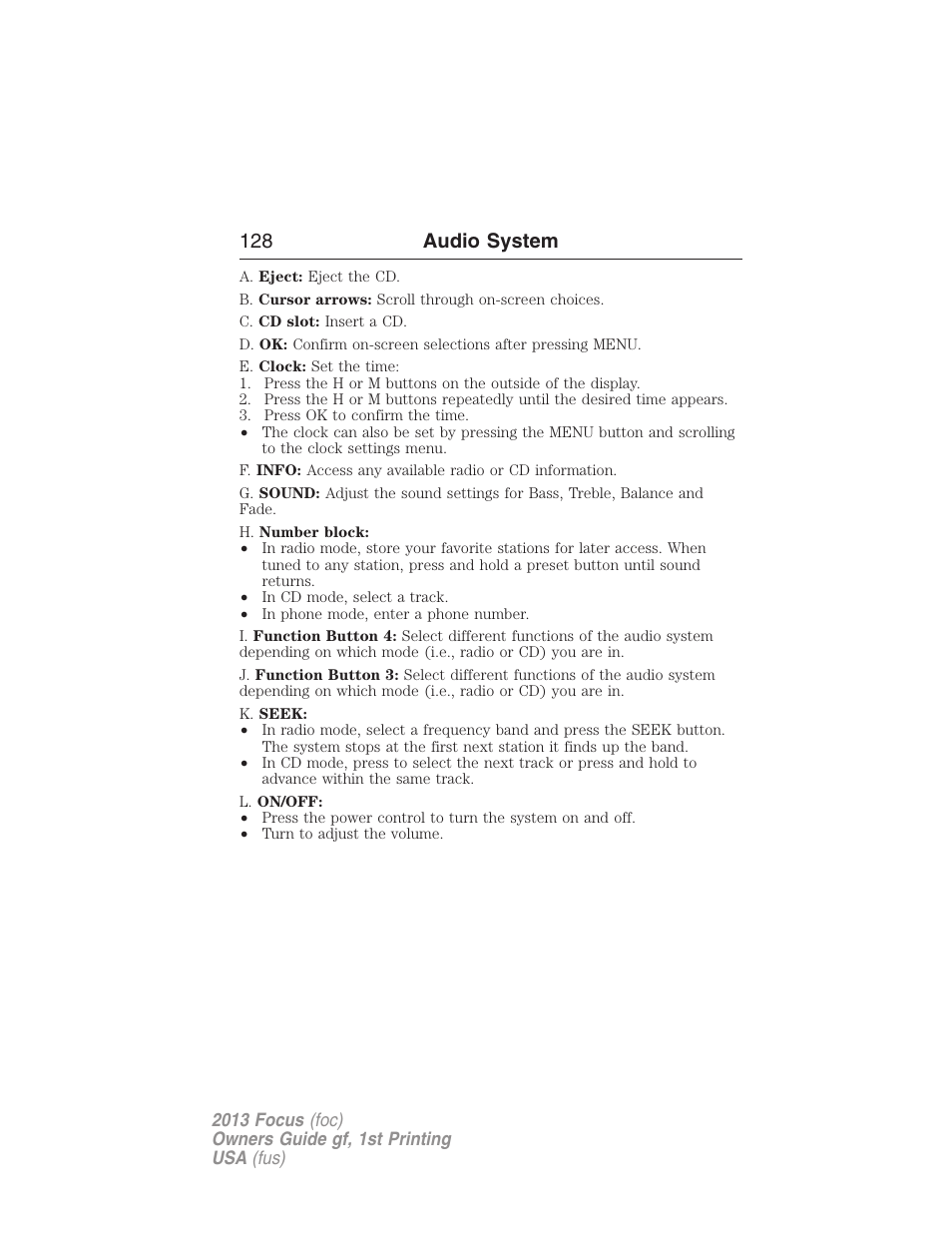 128 audio system | FORD 2013 Focus v.1 User Manual | Page 128 / 475